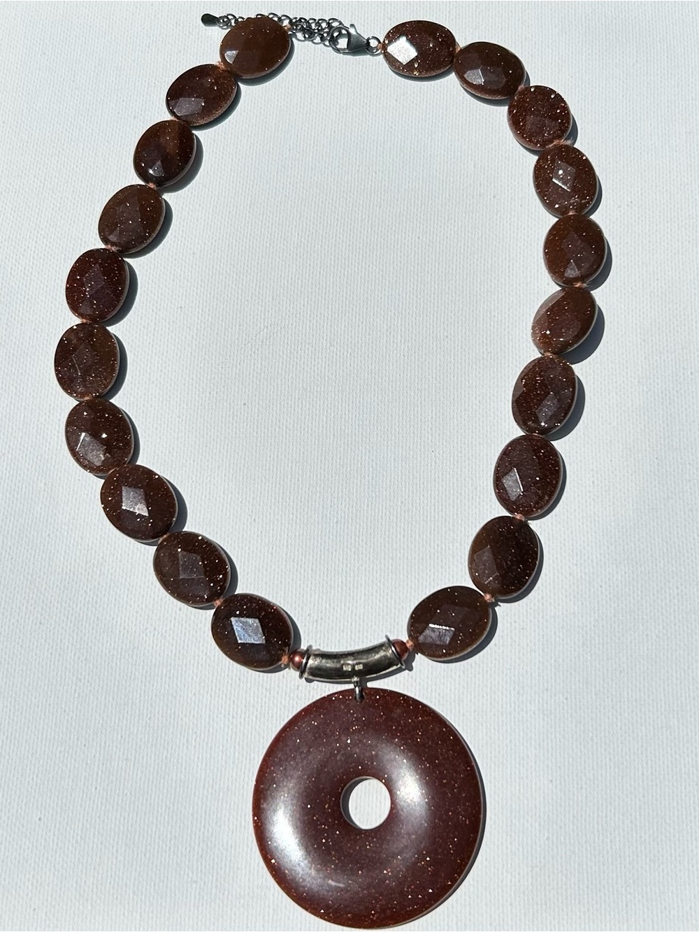 Vintage 925 Sterling Silver Brown Goldstone Necklace Large Donut Pendant Artisan